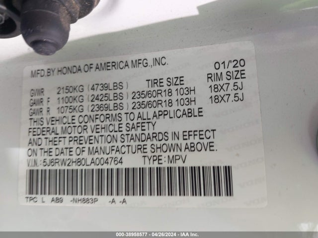 Honda Cr-v Awd Ex-l 2020 5J6RW2H80LA004764 Image 9