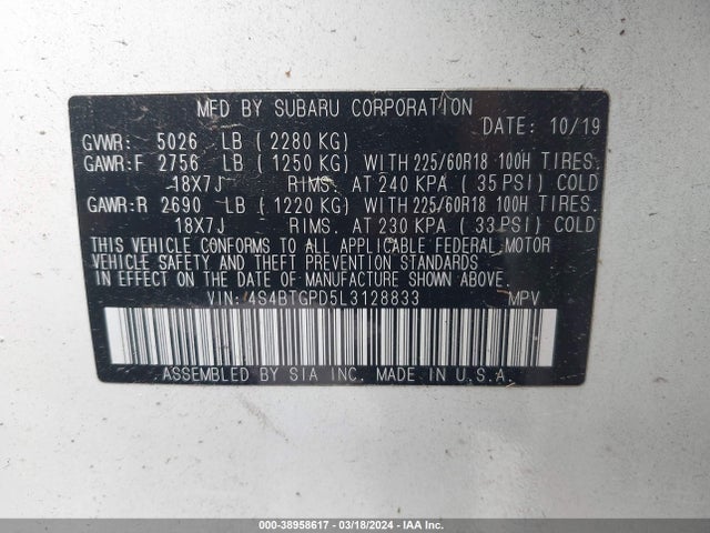 4S4BTGPD5L3128833 Subaru Outback Touring Xt