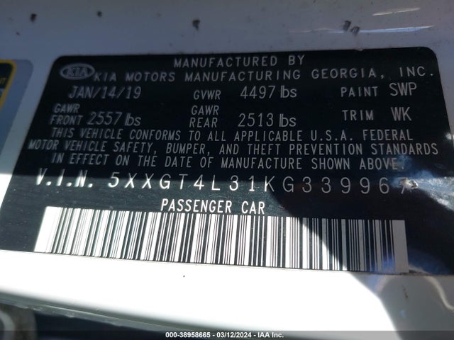 KIA Optima Lx 2019 5XXGT4L31KG339967 Image 9
