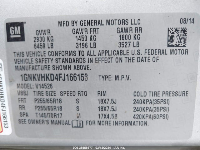 Chevrolet Traverse 2lt 2015 1GNKVHKD4FJ166153 Image 9
