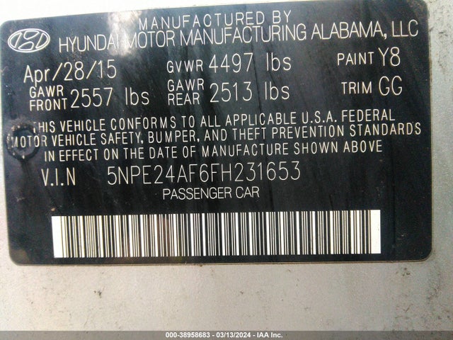 Hyundai SONATA SE 2015 5NPE24AF6FH231653 Image 9