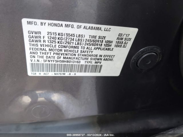 5FNYF5H59HB013163 Honda Pilot Ex-l