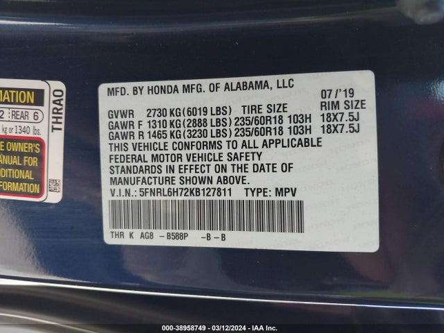 Honda Odyssey Ex-l 2019 5FNRL6H72KB127811 Image 9