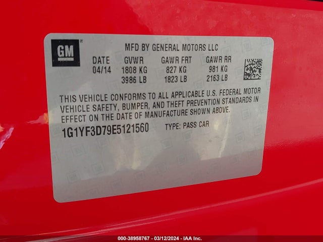 Chevrolet CORVETTE STINGRAY 2014 1G1YF3D79E5121560 Image 9