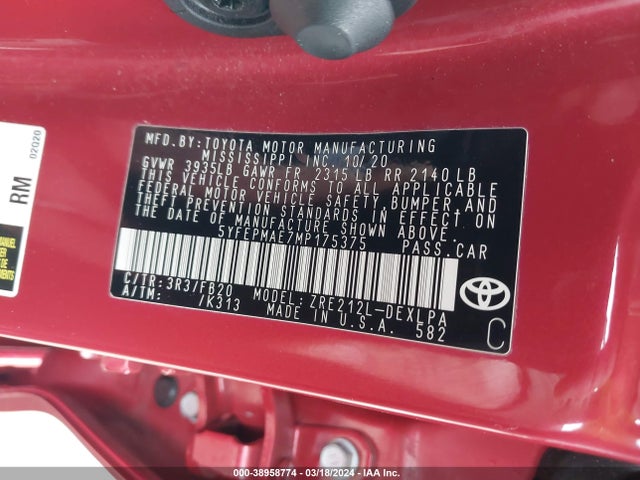 Toyota COROLLA LE 2021 5YFEPMAE7MP175375 Image 9