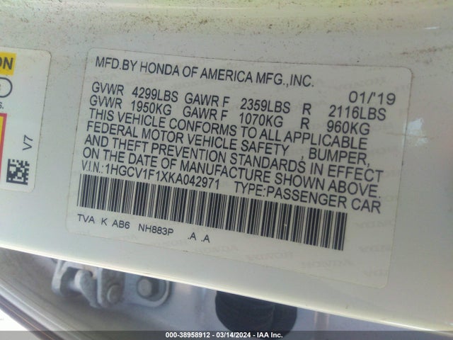 Honda ACCORD LX 2019 1HGCV1F1XKA042971 Image 9