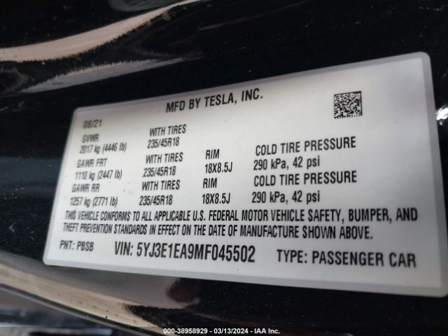 5YJ3E1EA9MF045502 Tesla Model 3 Standard Range Plus Rear-wheel Drive