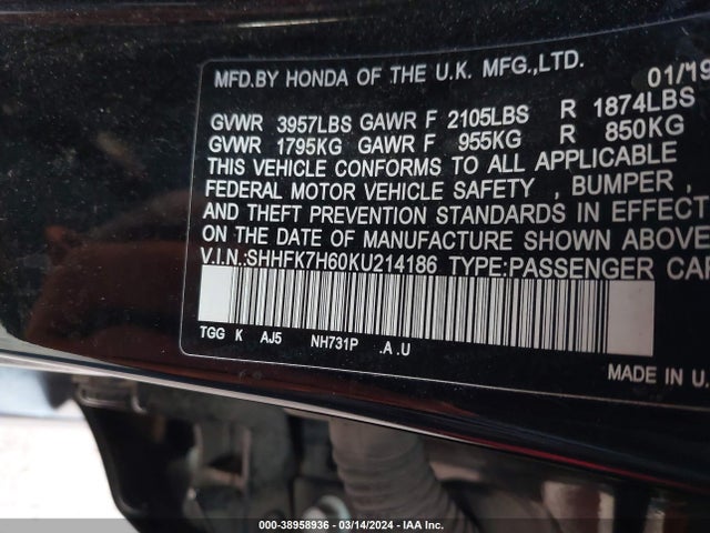 Honda CIVIC EX 2019 SHHFK7H60KU214186 Image 9