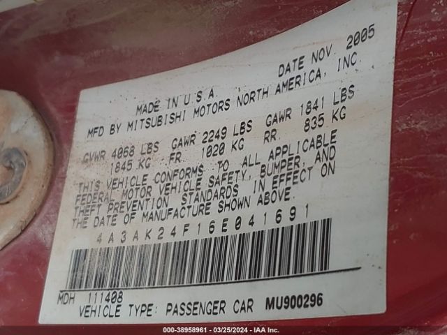 2006 MITSUBISHI ECLIPSE 4A3AK24F16E041691 Photo 8