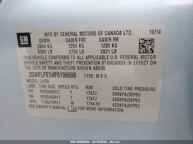 Chevrolet EQUINOX 1LT 2015 2GNFLFE34F6196698 Image 9