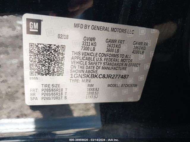 1GNSKBKC8JR277487 Chevrolet Tahoe Lt