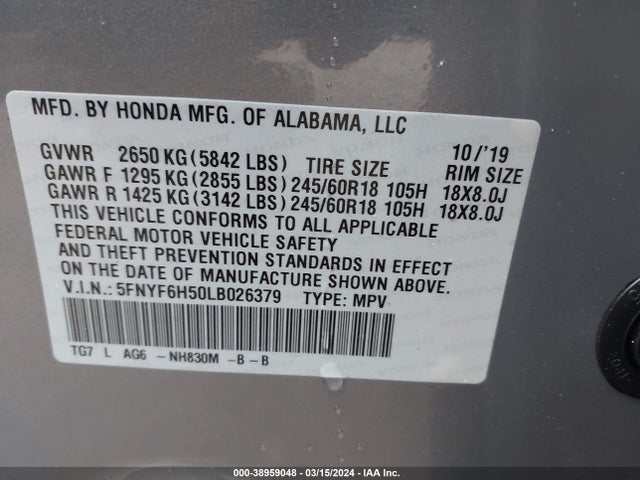 Honda Pilot Awd Ex-l 2020 5FNYF6H50LB026379 Image 9
