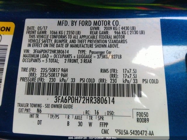 Ford FUSION SE 2017 3FA6P0H72HR380614 Image 9