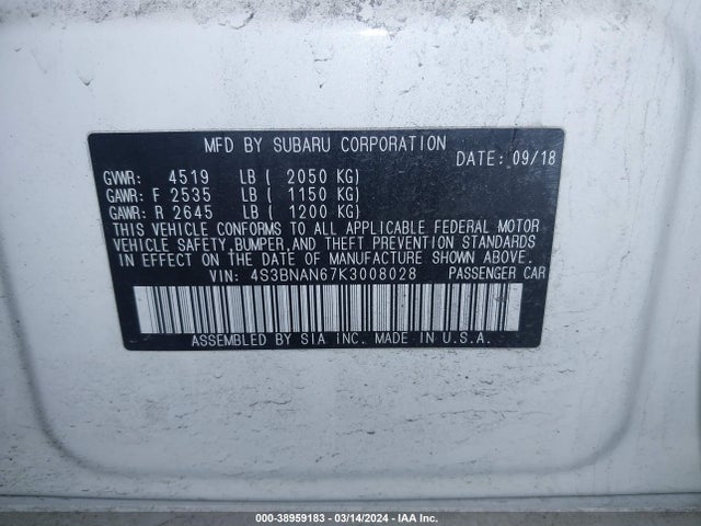 Subaru Legacy 2.5i Limited 2019 4S3BNAN67K3008028 Image 9