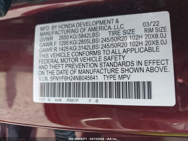 Honda Pilot Awd Special Edition 2022 5FNYF6H24NB045641 Image 9