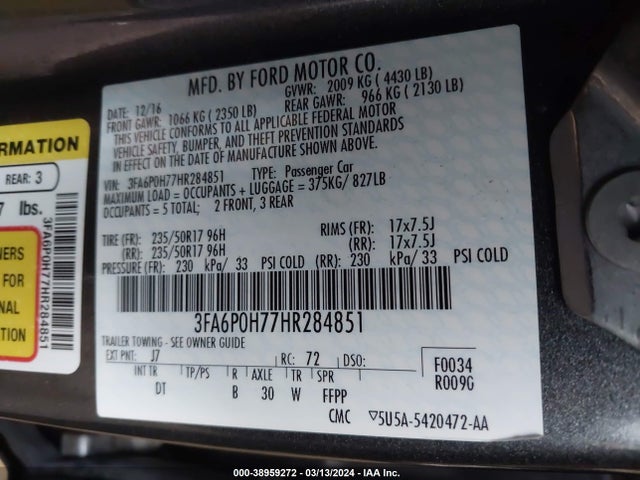 Ford FUSION SE 2017 3FA6P0H77HR284851 Image 9