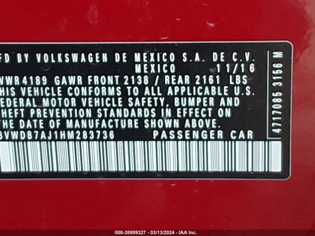 3VWDB7AJ1HM283736 Volkswagen Jetta 1.4t Se
