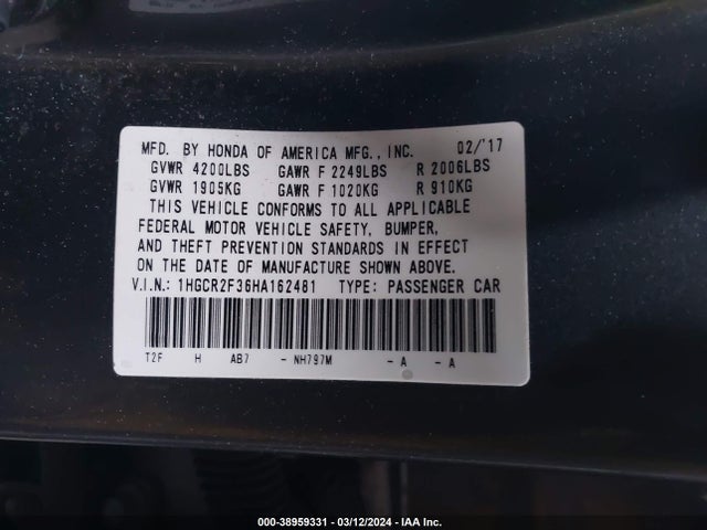 Honda ACCORD LX 2017 1HGCR2F36HA162481 Image 9