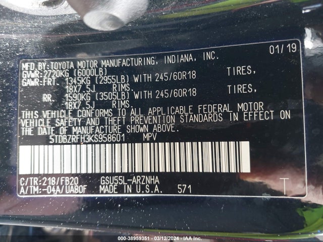 Toyota Highlander Le 2019 5TDBZRFH3KS958601 Image 9