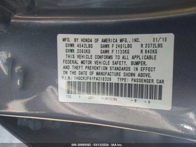 Honda Accord Ex-l V-6 2015 1HGCR3F81FA016326 Image 9