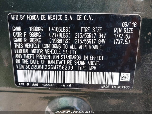 Honda HR-V LX 2016 3CZRU6H33GM756209 Image 9