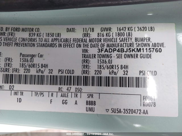 Ford FIESTA SE 2019 3FADP4BJ5KM115760 Image 9