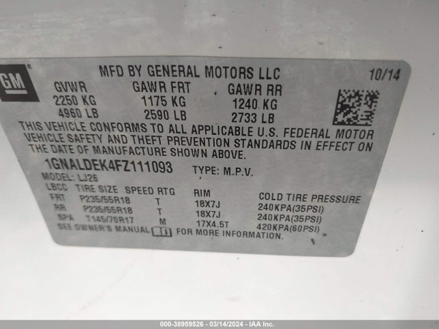 Chevrolet Equinox Ltz 2015 1GNALDEK4FZ111093 Image 9