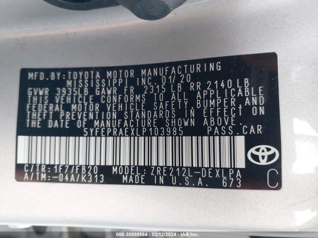 Toyota COROLLA LE 2020 5YFEPRAEXLP103985 Image 9