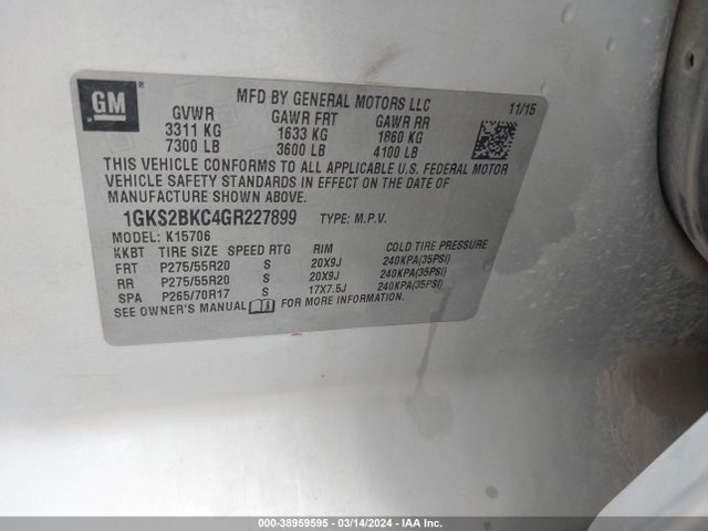 GMC YUKON SLT 2016 1GKS2BKC4GR227899 Image 9