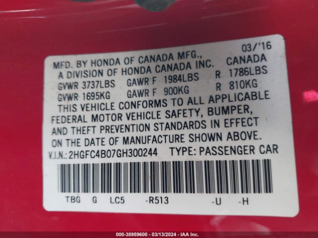 2HGFC4B07GH300244 Honda Civic Lx-p