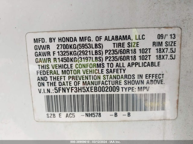 Honda Pilot Ex-l 2014 5FNYF3H5XEB002009 Image 9