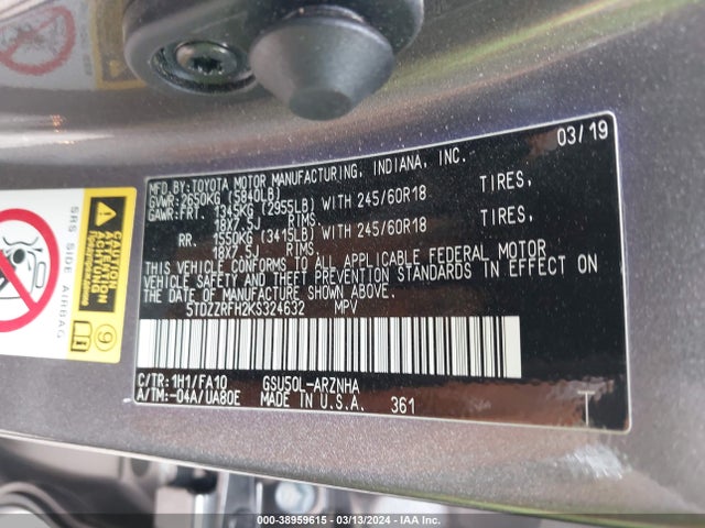 Toyota Highlander Le Plus 2019 5TDZZRFH2KS324632 Image 9