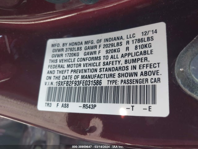 Honda Civic Ex-l 2015 19XFB2F93FE031586 Image 9
