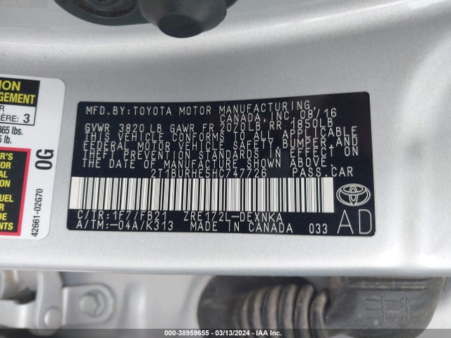 Toyota COROLLA LE 2017 2T1BURHE5HC747726 Image 9