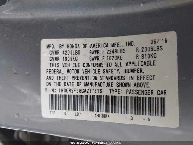 Honda ACCORD LX 2016 1HGCR2F38GA237616 Image 9