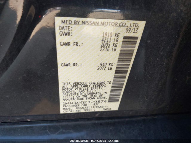 Nissan Altima 2.5 S 2014 1N4AL3AP7EC129874 Image 9