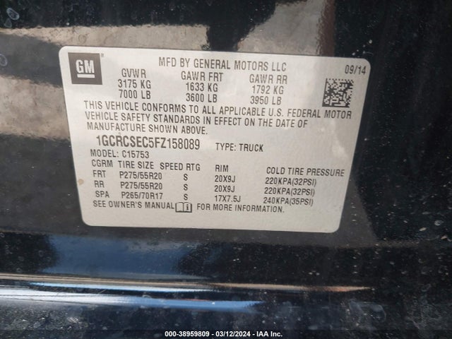 Chevrolet Silverado 1500 1lz 2015 1GCRCSEC5FZ158089 Image 9