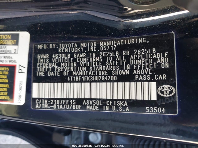 Toyota CAMRY SE 2017 4T1BF1FK3HU784700 Image 9