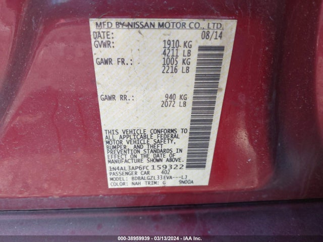 Nissan Altima 2.5 S 2015 1N4AL3AP6FC159322 Image 9