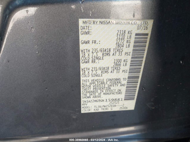 Nissan MURANO S 2016 5N1AZ2MG9GN159881 Image 9