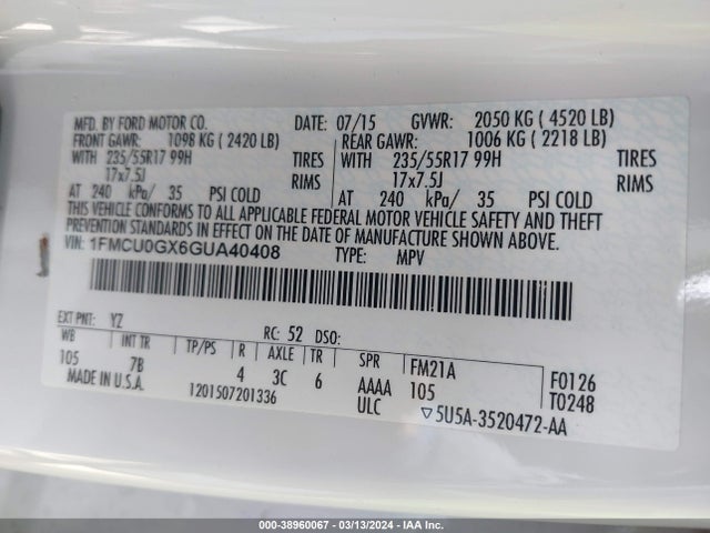 Ford ESCAPE SE 2016 1FMCU0GX6GUA40408 Image 9