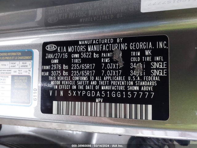 KIA Sorento 3.3l Lx 2016 5XYPGDA51GG157777 Image 9