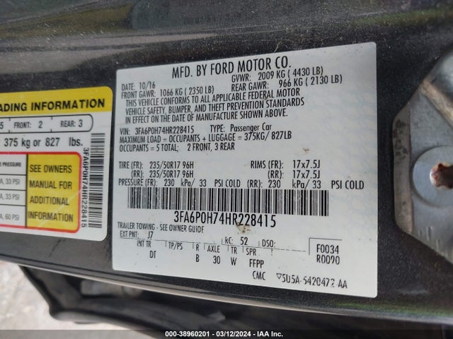 Ford FUSION SE 2017 3FA6P0H74HR228415 Image 9