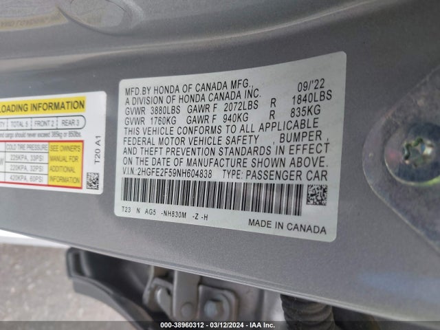 Honda Civic Sport 2022 2HGFE2F59NH604838 Image 9