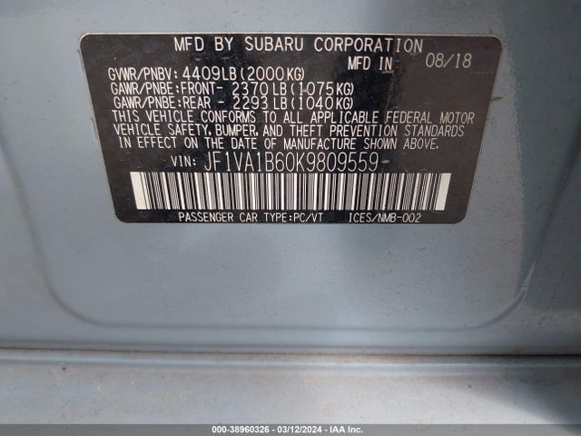 Subaru Wrx Premium 2019 JF1VA1B60K9809559 Image 9