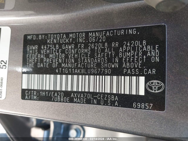Toyota CAMRY SE 2020 4T1G11AK8LU967790 Image 9