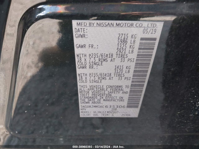 Nissan Pathfinder Sv 2019 5N1DR2MM1KC635306 Image 9