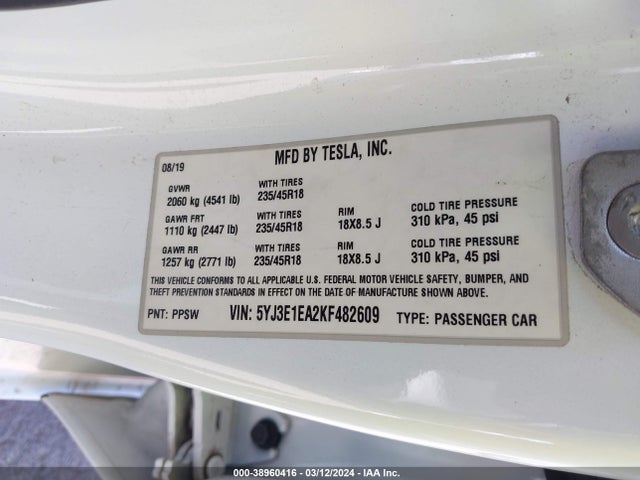 5YJ3E1EA2KF482609 Tesla Model 3 Long Range/mid Range/standard Range/standard Range Plus