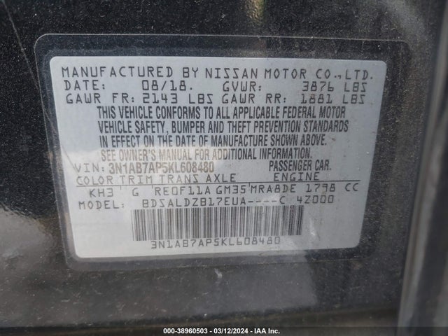 Nissan SENTRA SV 2019 3N1AB7AP5KL608480 Image 9