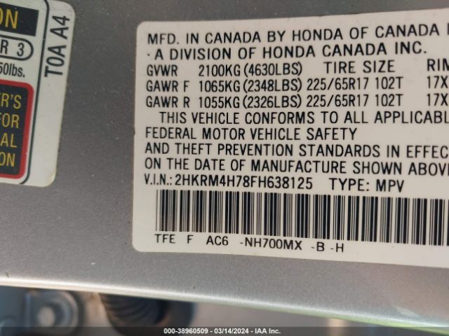 2HKRM4H78FH638125 Honda Cr-v Ex-l